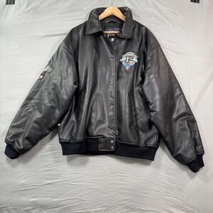 VTG First Down Mens Black Oversized Leather Bomber Jacket F64 Patch Sz XXL